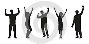 Happy people silhouette set. Men and woman rising Hands up. Dancing persons. Party, success, friendship, celebration, joy and fun